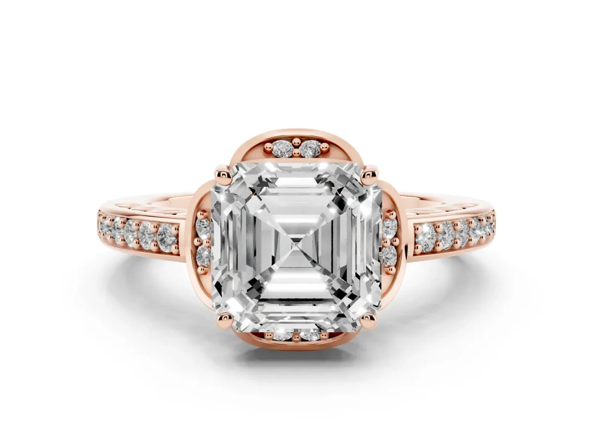 Asscher Cut Diamond Halo Ring Set in Rose gold with Channel Set Band and Prong Setting