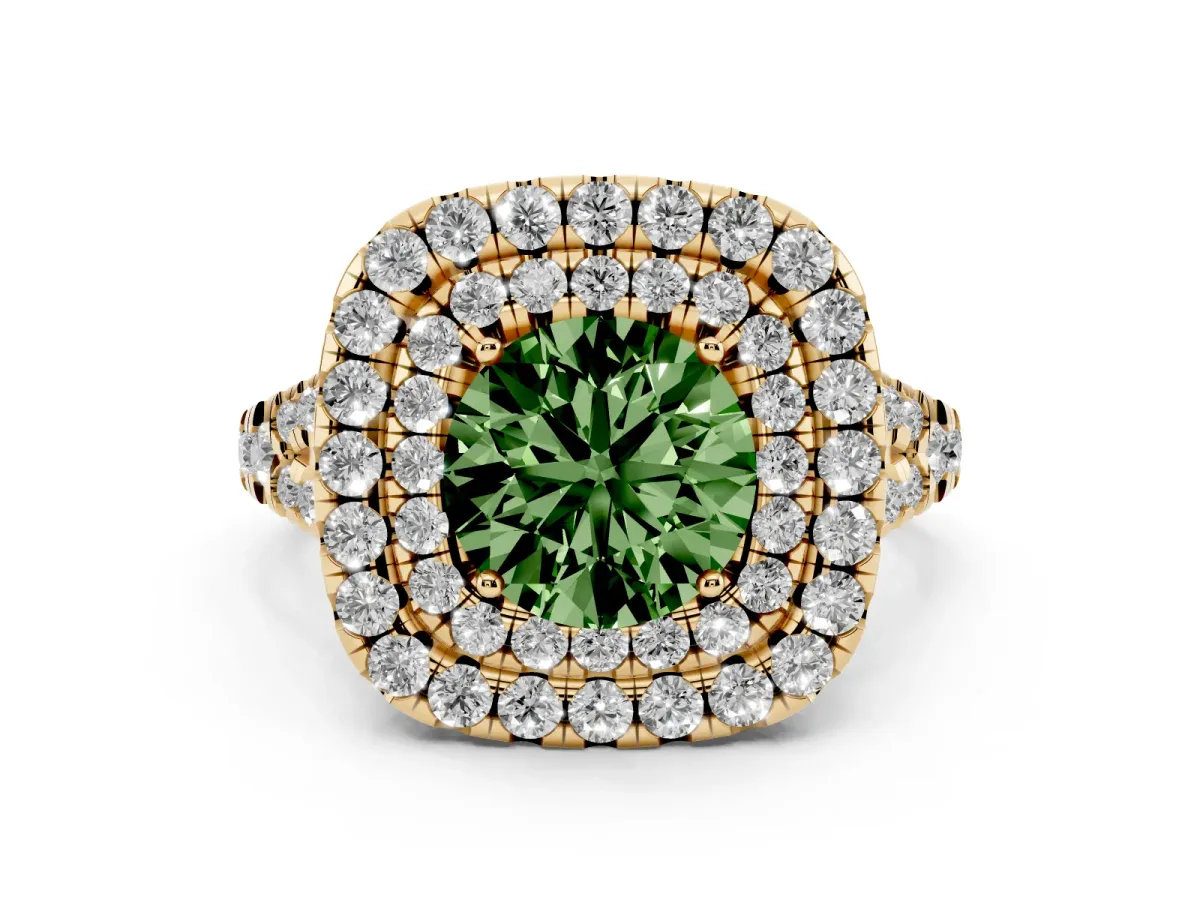 Fancy Green Round Cut Diamond Double Halo Ring Set in Yellow gold with Pavé Split Shank and Prong Setting