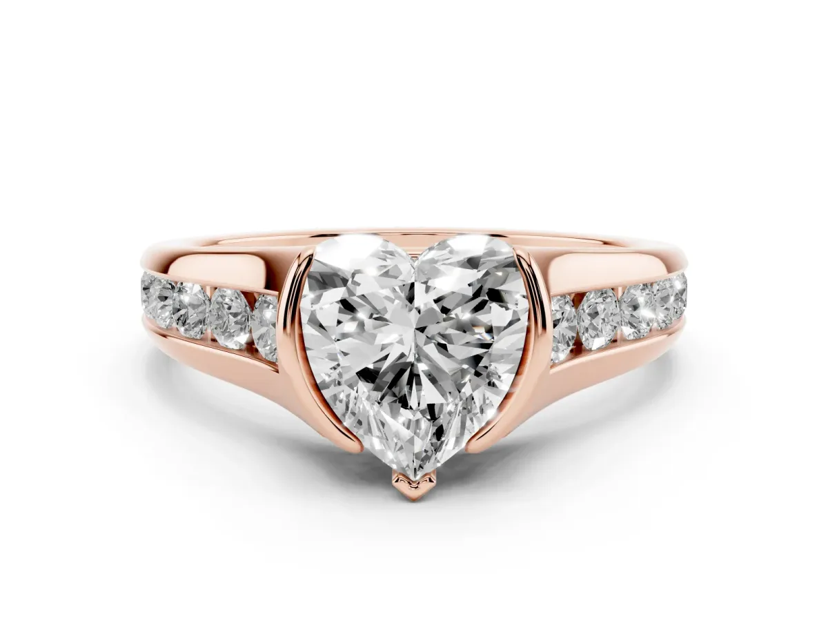 Heart Cut Diamond Bezel-Set Solitaire Ring Set in Rose gold with Channel-Set Band
