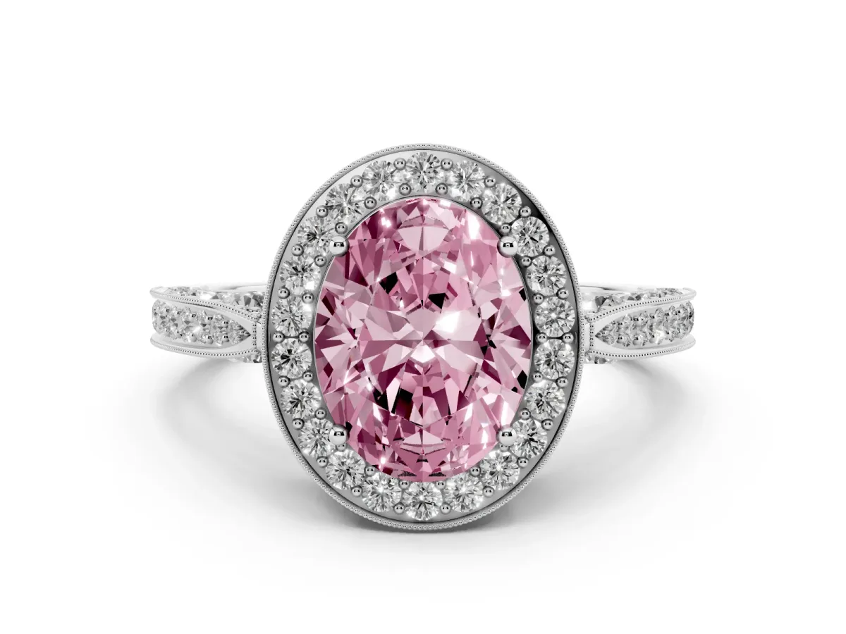 Fancy Pink Oval Cut Diamond Halo Engagement Ring Set in Platinum with Accent Split Shank Band
