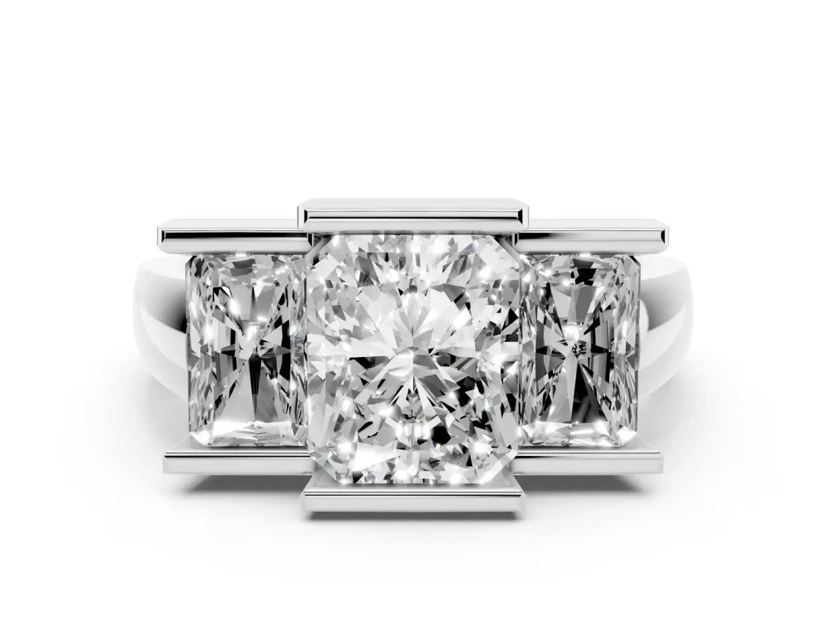Radiant Cut Diamond Three-Stone Channel Set Ring Set in White gold with Smooth Polished Band