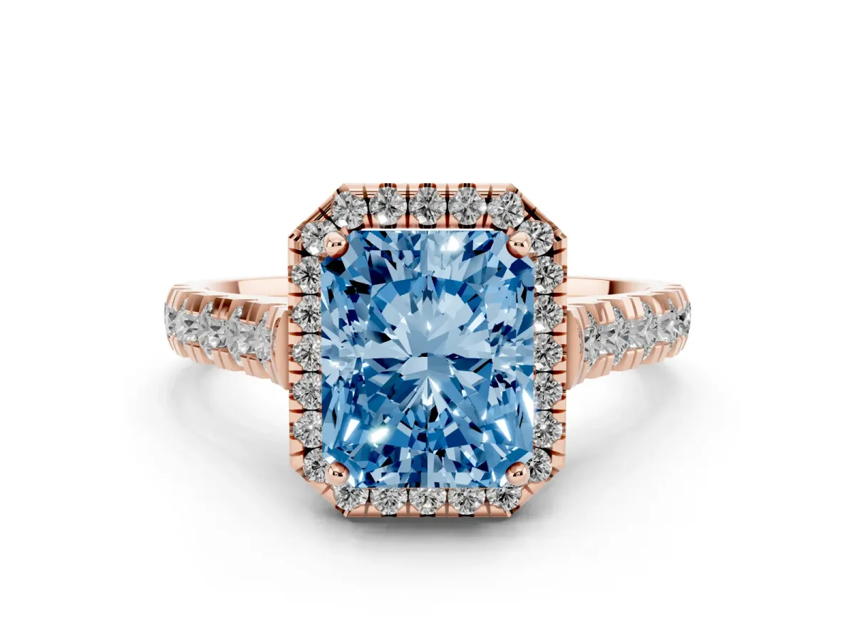 Fancy Blue Radiant Cut Diamond Halo Engagement Ring Set in Rose gold with Pavé Band and Prong-Set Center