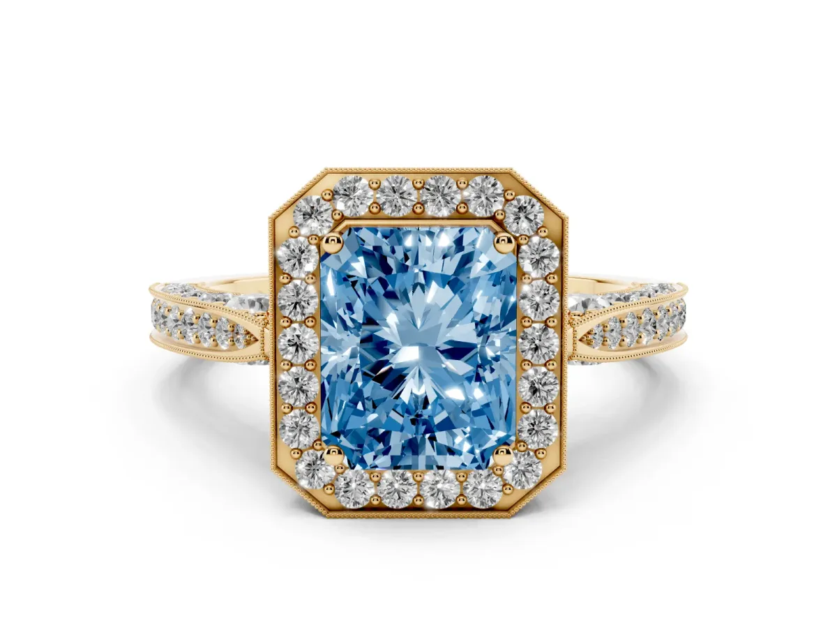 Fancy Blue Radiant Cut Diamond Halo Engagement Ring Set in Yellow gold with Accent Split Shank Band