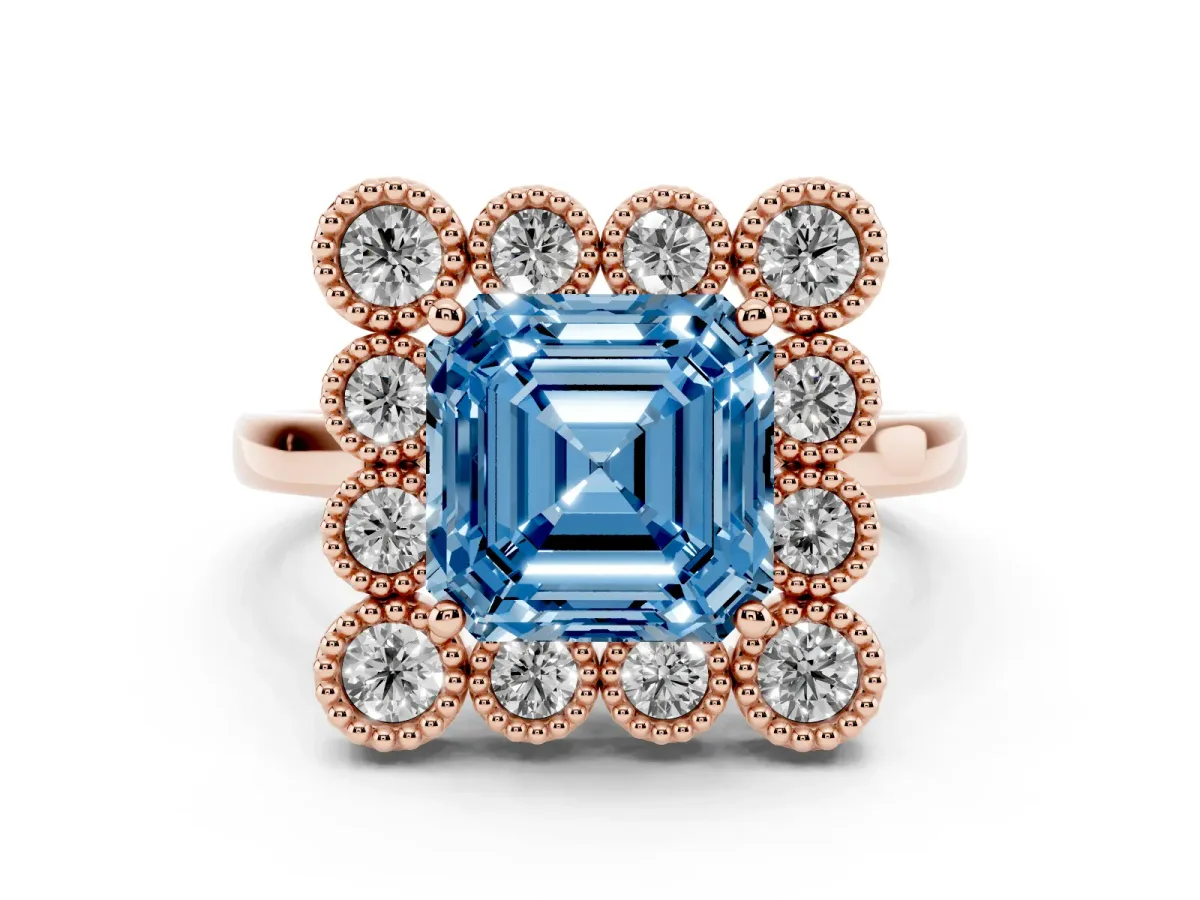 Fancy Blue Asscher Cut Diamond Cluster Halo Ring Set in Rose gold with Milgrain Bezel Accents and Plain Band