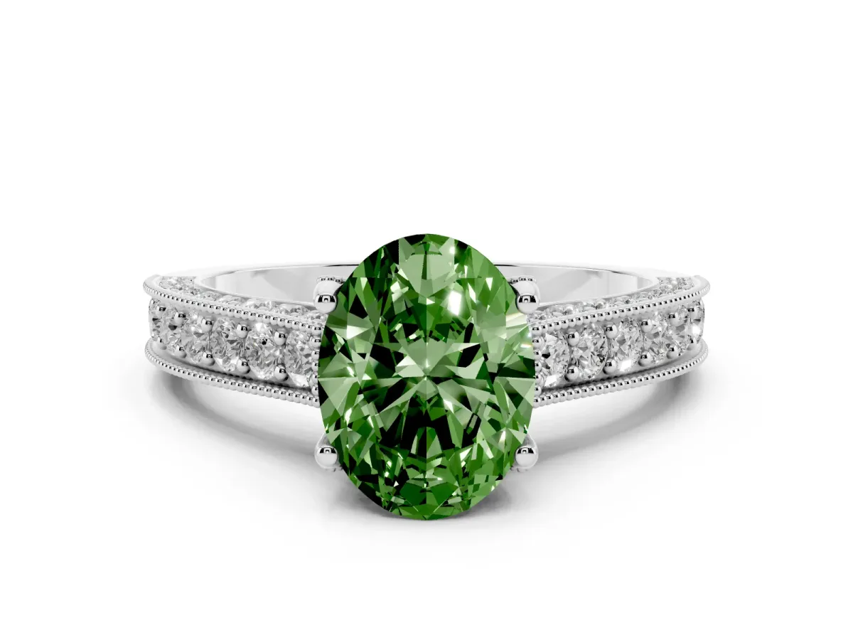 Fancy Green Oval Cut Diamond Solitaire Ring Set in Silver with Milgrain-Edged Pavé Band and Prong Setting