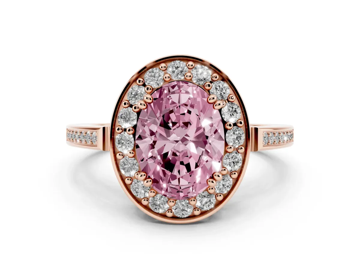 Fancy Pink Oval Cut Diamond Halo Ring Set in Rose gold with Accent-Lined Split Shank and Prong Setting