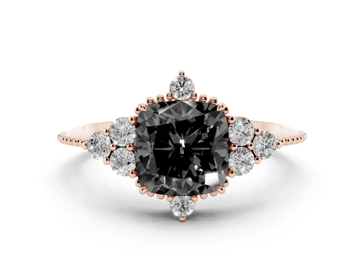 Fancy Black Cushion Cut Diamond Cluster Ring Set in Rose gold with Beaded Band