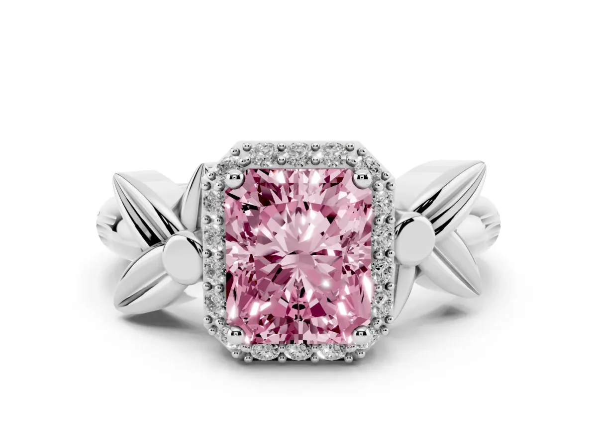 Fancy Pink Radiant Cut Diamond Halo Floral Band Ring Set in White gold with Prong Setting