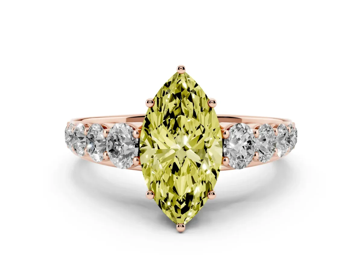 Fancy Yellow Marquise Cut Diamond Solitaire Ring Set in Rose gold with Pavé-Set Band and Prong Setting