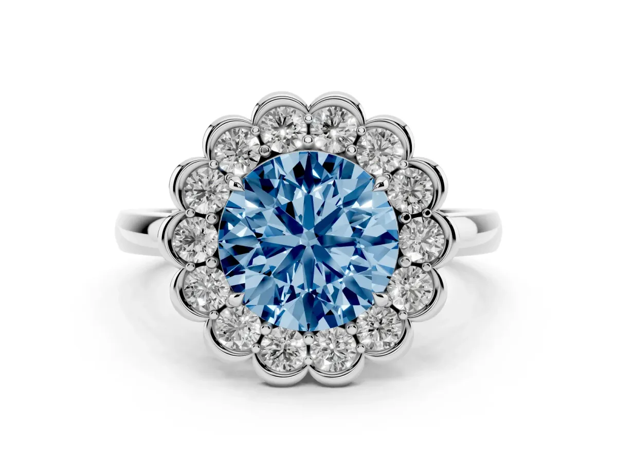 Fancy Blue Round Cut Diamond Halo Cluster Engagement Ring Set in White gold with Solitaire Band and Prong Setting