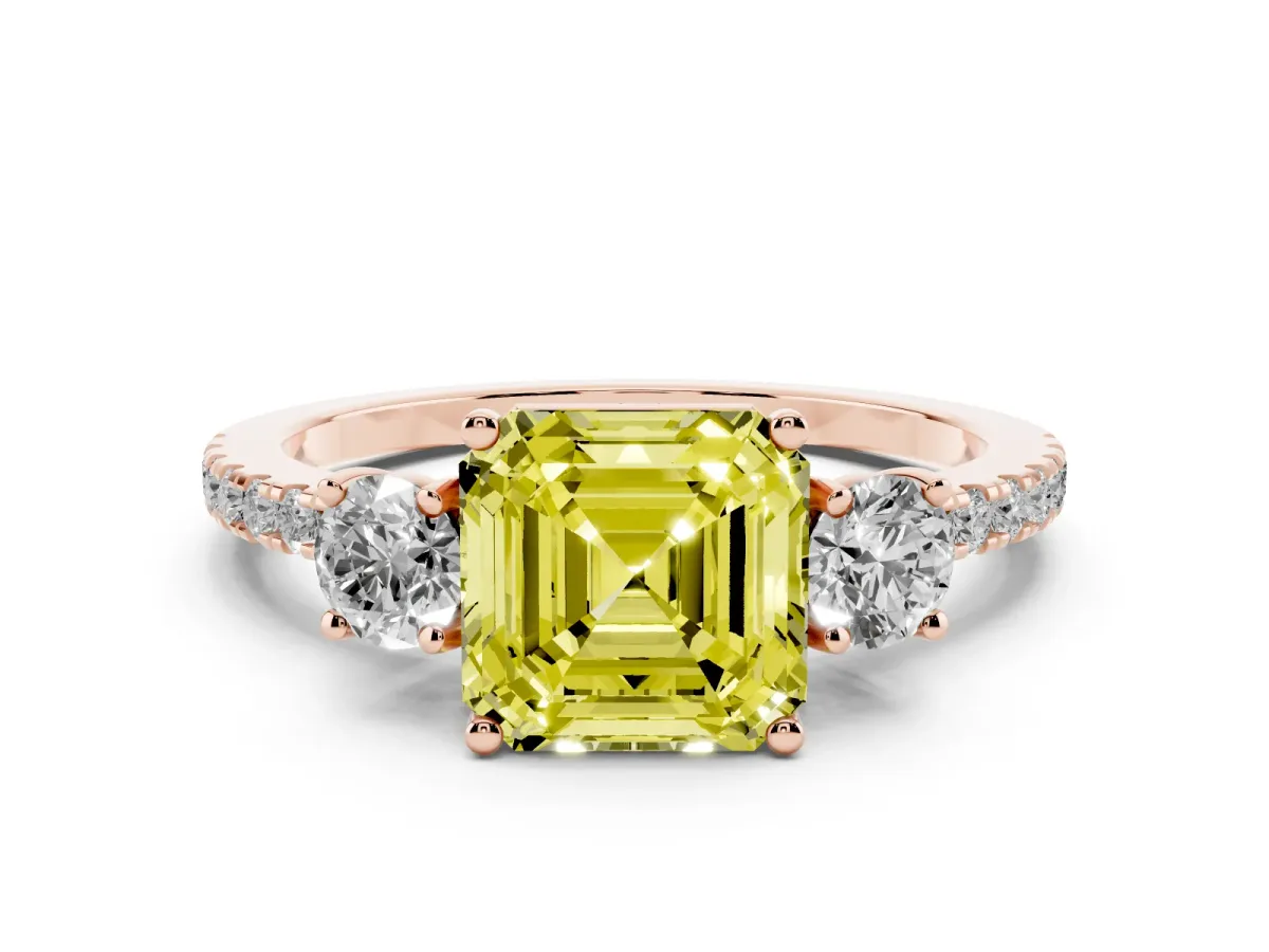 Fancy Yellow Asscher Cut Diamond Three-Stone Ring Set in Rose gold with Pavé Band and Graduated Sides