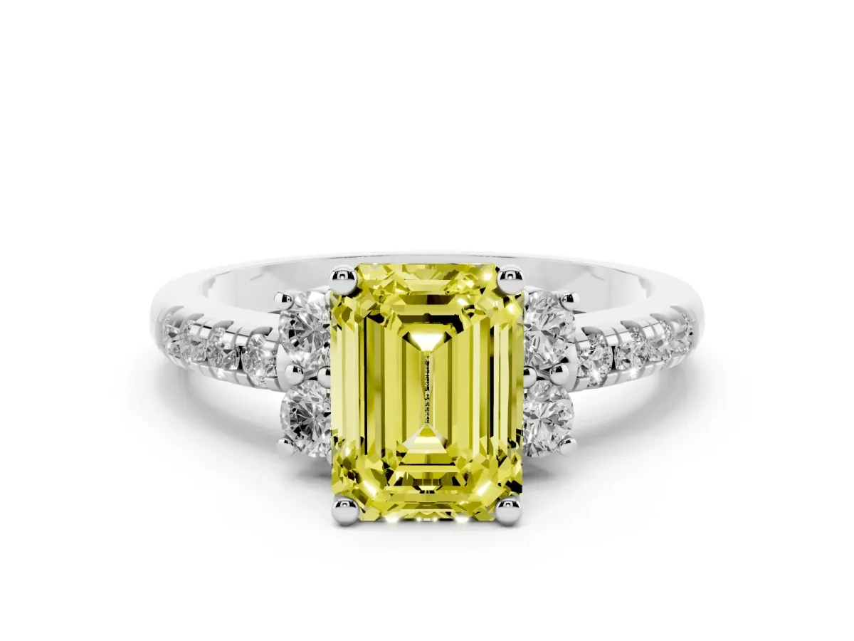 Fancy Yellow Emerald Cut Diamond Three-Stone Pavé Ring Set in Silver with Prong Setting