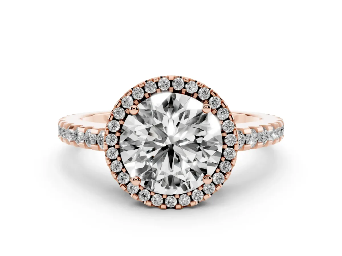 Round Cut Diamond Halo Ring Set in Rose gold with Pavé Shoulders and Halo-Framed Center