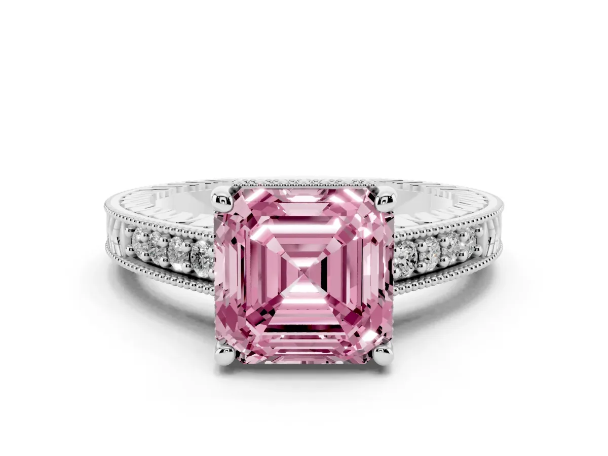 Fancy Pink Asscher Cut Diamond Solitaire Pavé Milgrain Engagement Ring Set in White gold with Prong Setting