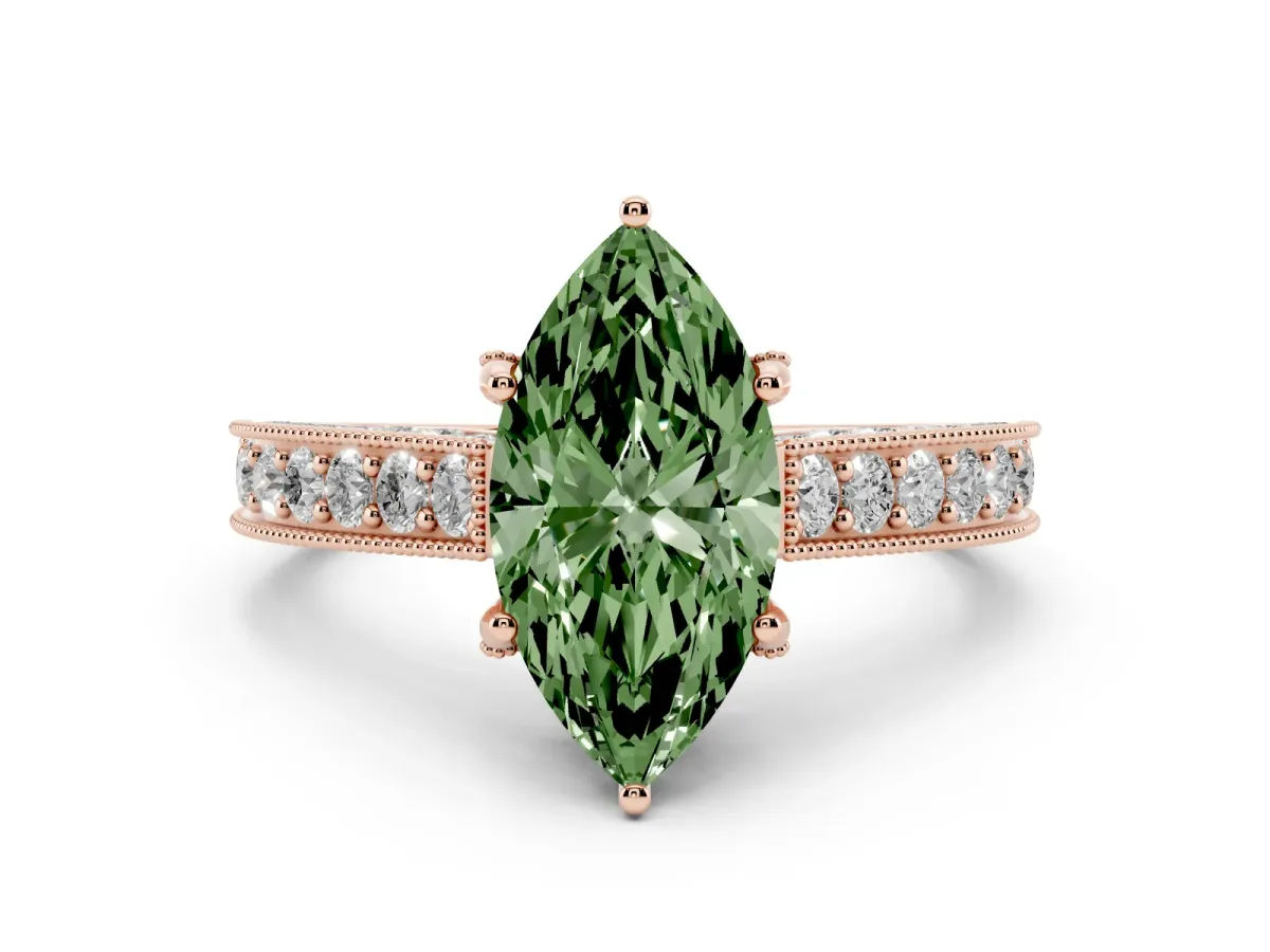 Fancy Green Marquise Cut Diamond Solitaire Ring Set in Rose gold with Milgrain-Edged Pavé Band and Prong Setting