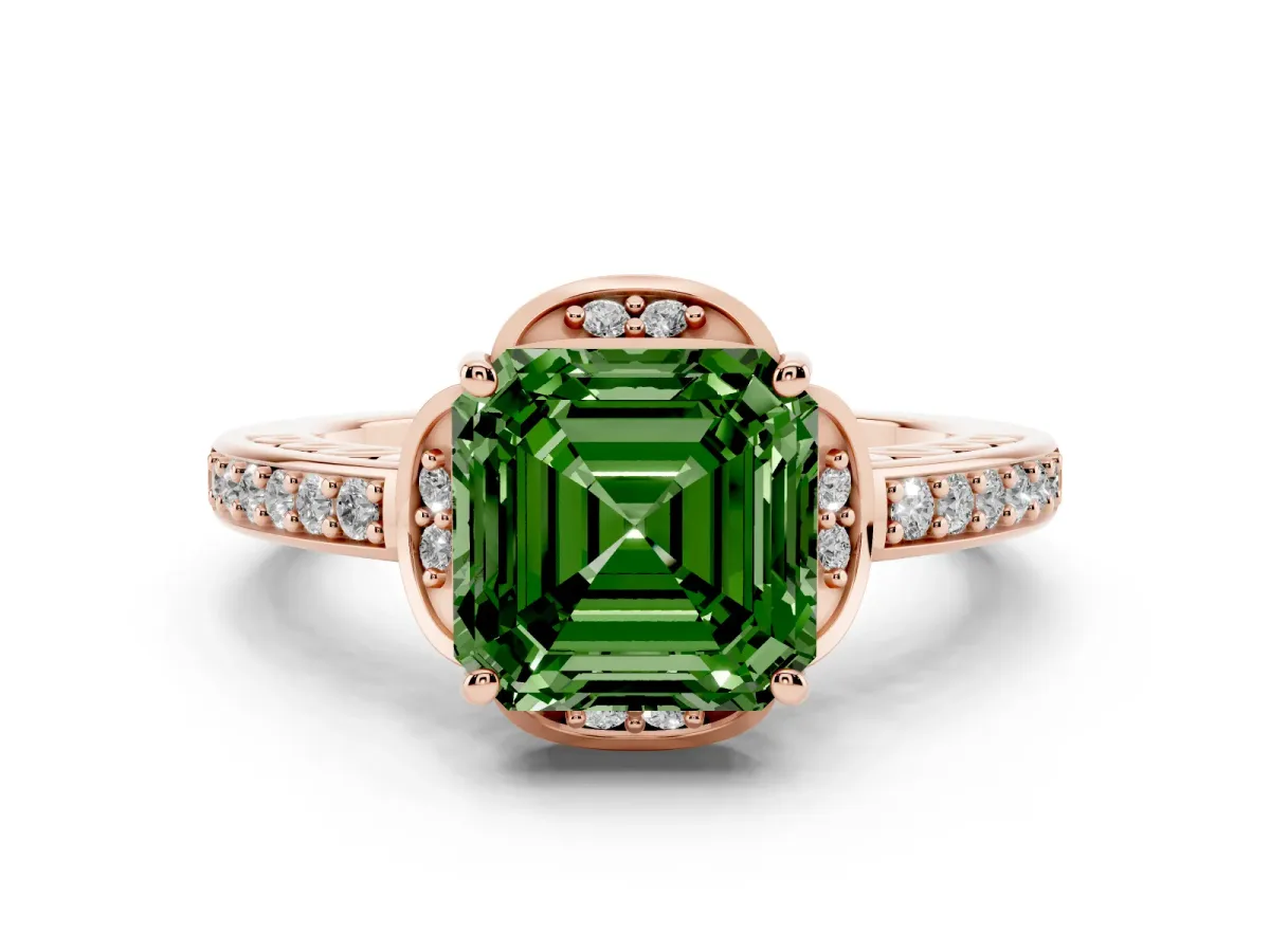 Fancy Green Asscher Cut Diamond Halo Ring Set in Rose gold with Channel Set Band and Prong Setting