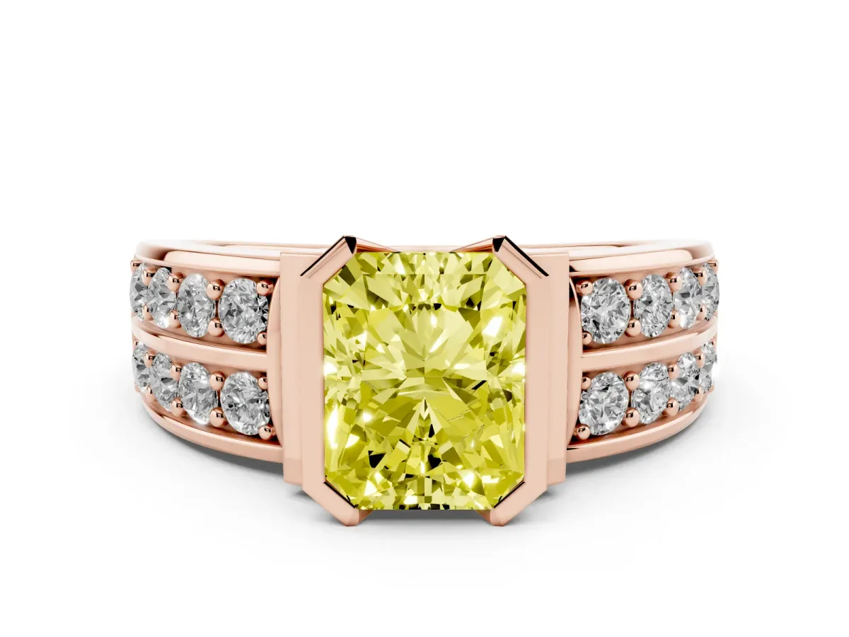 Fancy Yellow Radiant Cut Diamond Wide Channel Set Band Ring Set in Rose gold with Bezel Setting