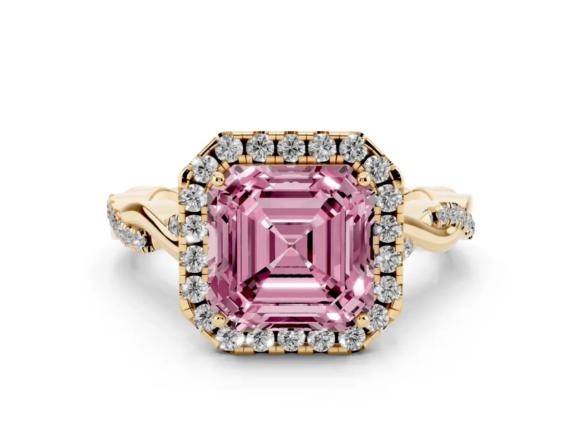 Fancy Pink Asscher Cut Diamond Halo Twist Band Solitaire Ring Set in Yellow gold with Prong Setting