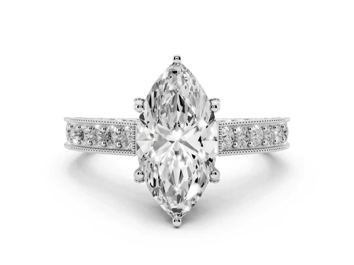 Marquise Cut Diamond Solitaire Ring Set in White gold with Milgrain-Edged Pavé Band and Prong Setting