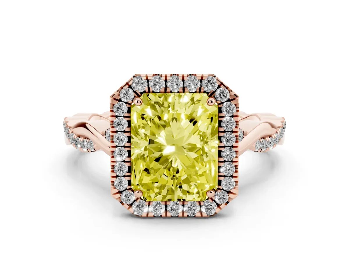 Fancy Yellow Radiant Cut Diamond Halo Twist Band Solitaire Ring Set in Rose gold with Prong Setting