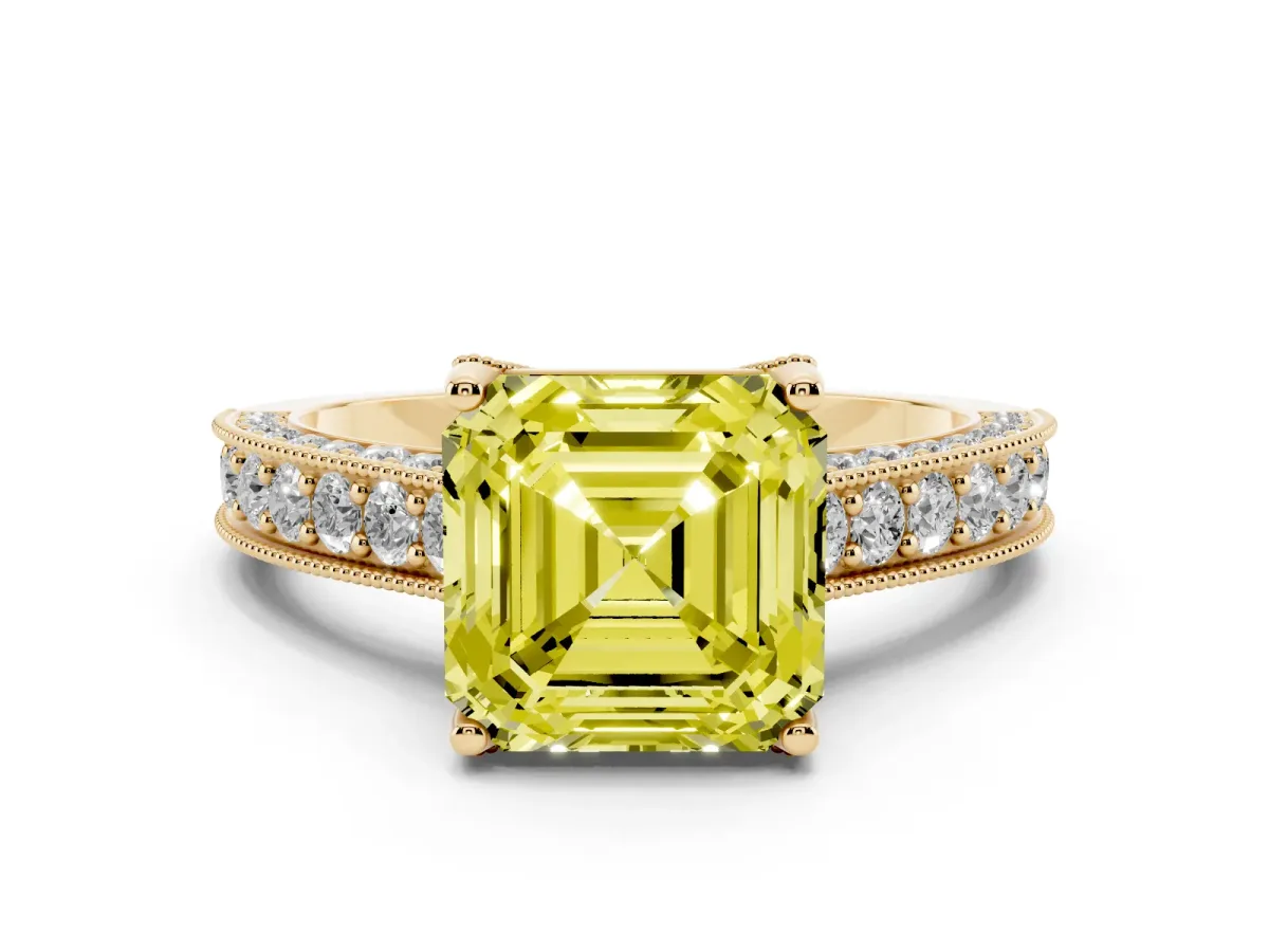 Fancy Yellow Asscher Cut Diamond Solitaire Ring Set in Yellow gold with Milgrain-Edged Pavé Band and Prong Setting