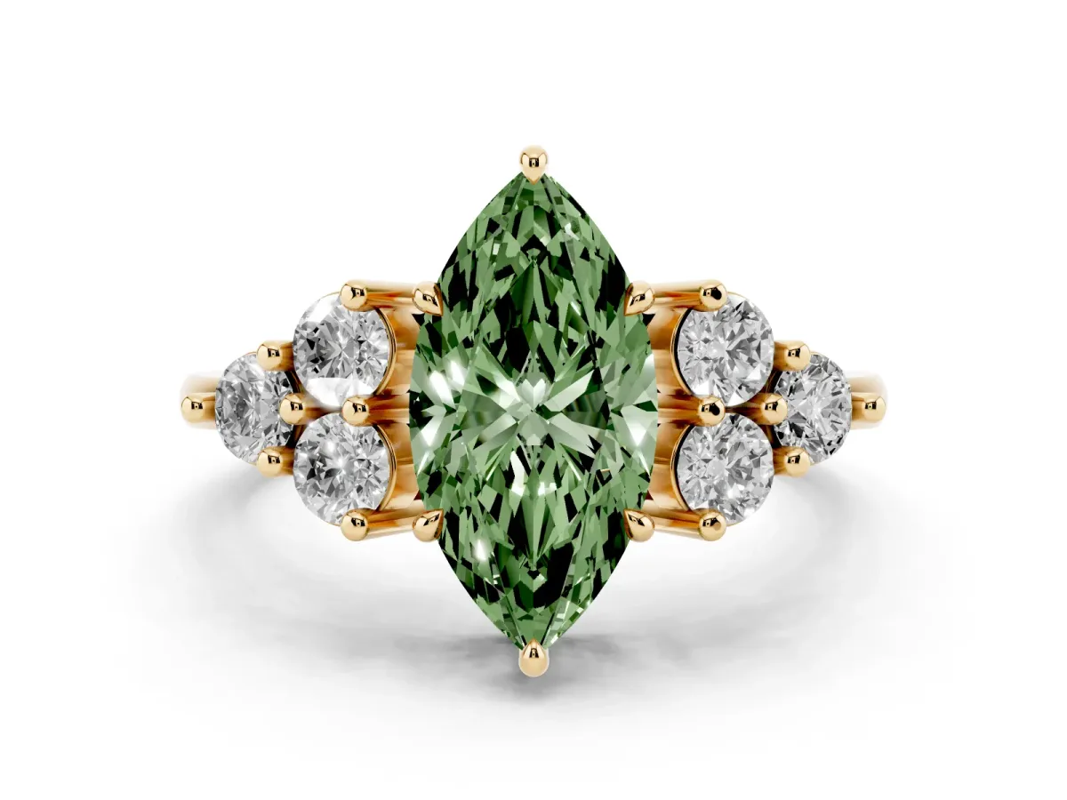 Fancy Green Marquise Cut Diamond Solitaire Ring Set in Yellow gold with Cluster Accents on Each Side