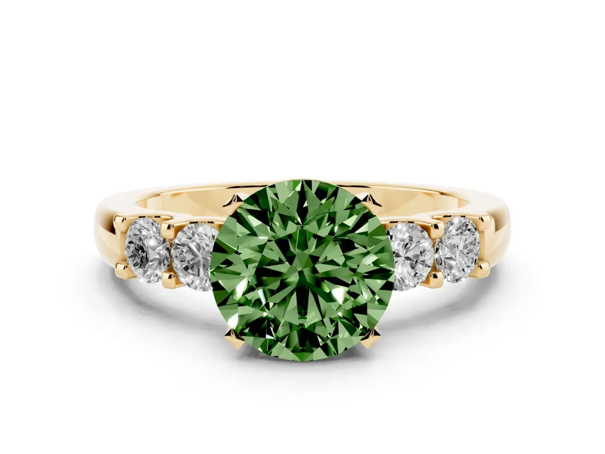 Fancy Green Round Cut Diamond Five-Stone Prong Set Engagement Ring Set in Yellow gold with Channel Band