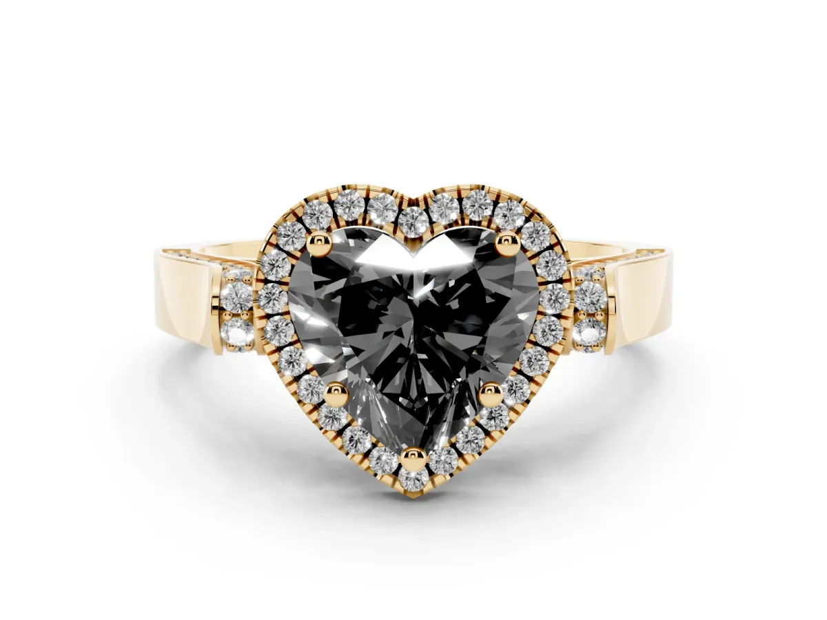 Fancy Black Heart Cut Diamond Halo Ring Set in Yellow gold with Twist Band and Pavé Accents