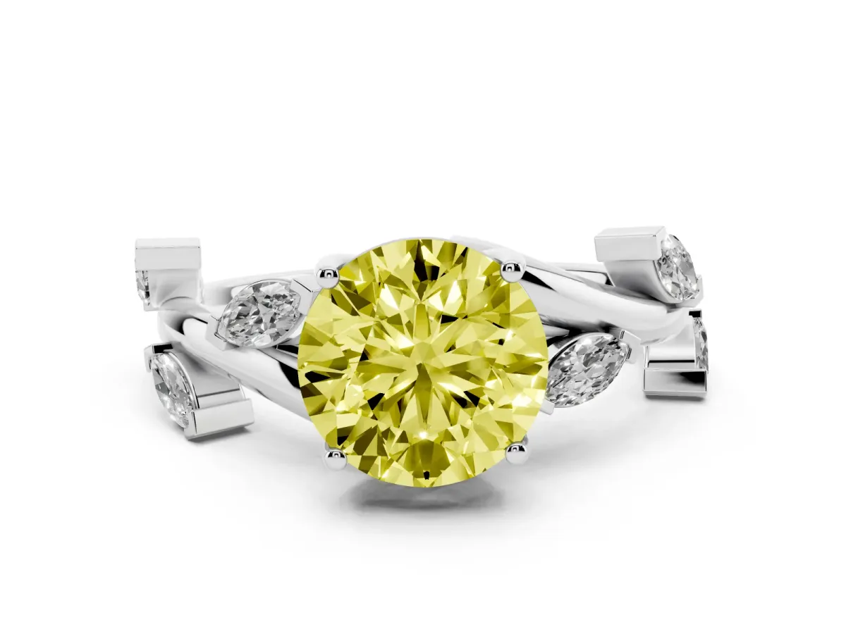 Fancy Yellow Round Cut Diamond Solitaire Ring Set in Platinum with Twisted Marquise Accent Band