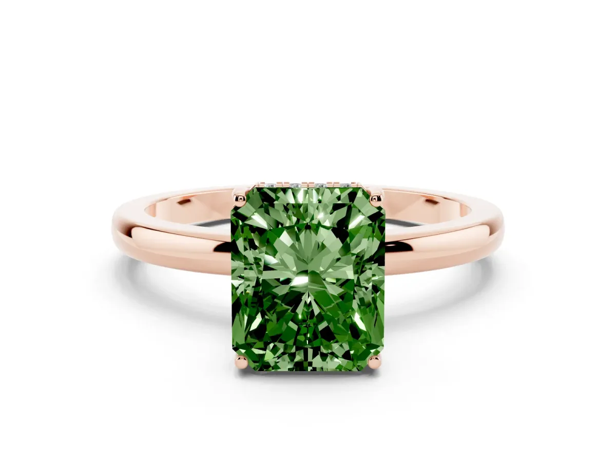 Fancy Green Radiant Cut Diamond Solitaire Ring Set in Rose gold with Plain Band and Prong Setting