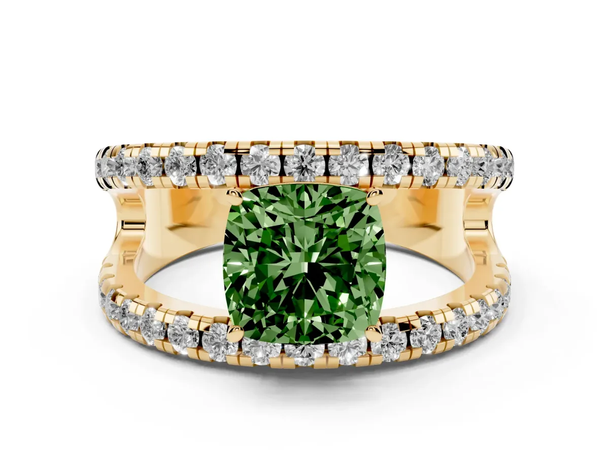 Fancy Green Cushion Cut Diamond Split Shank Pavé Solitaire Ring Set in Yellow gold with Open Shank Design