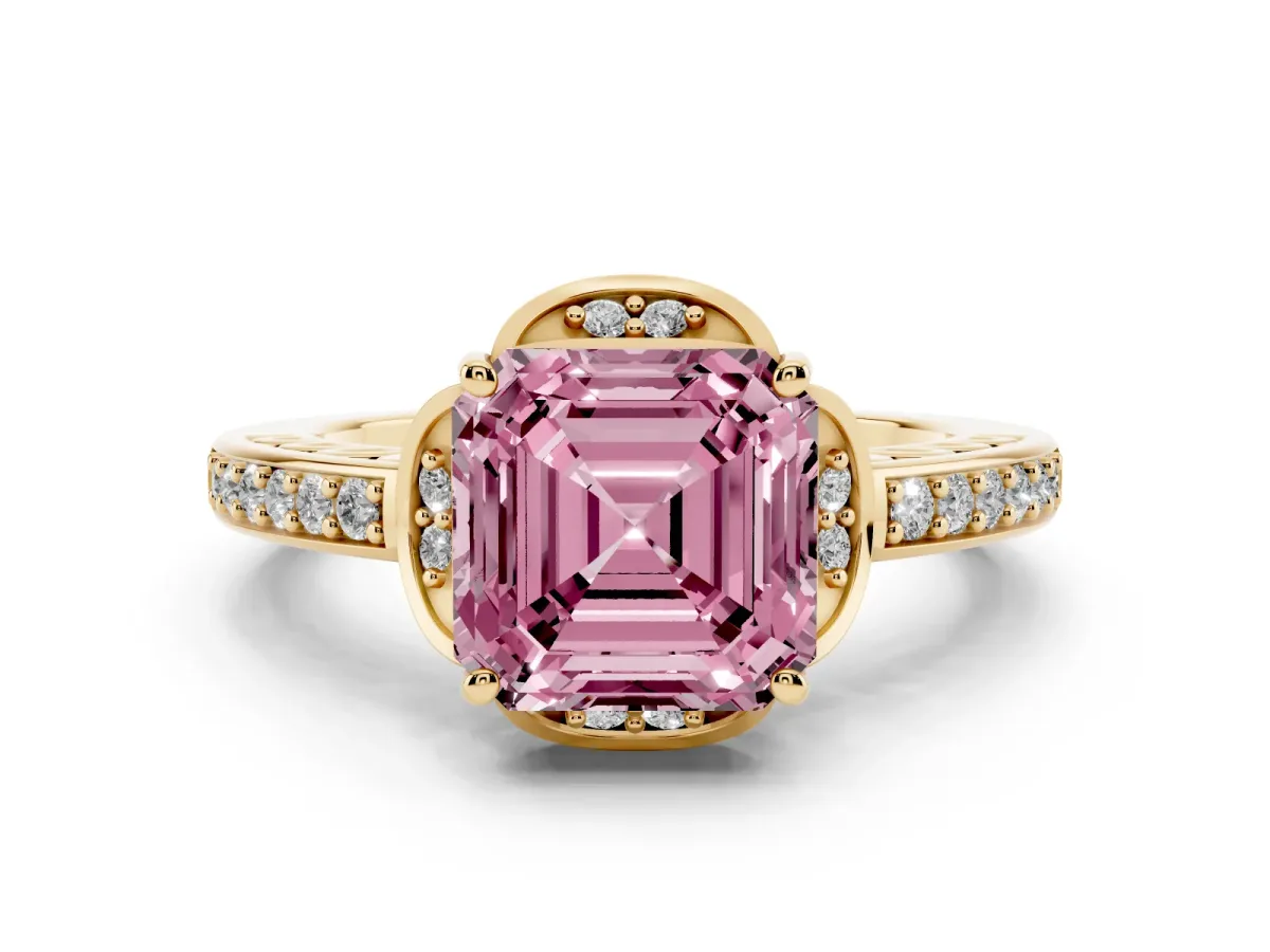 Fancy Pink Asscher Cut Diamond Halo Ring Set in Yellow gold with Channel Set Band and Prong Setting