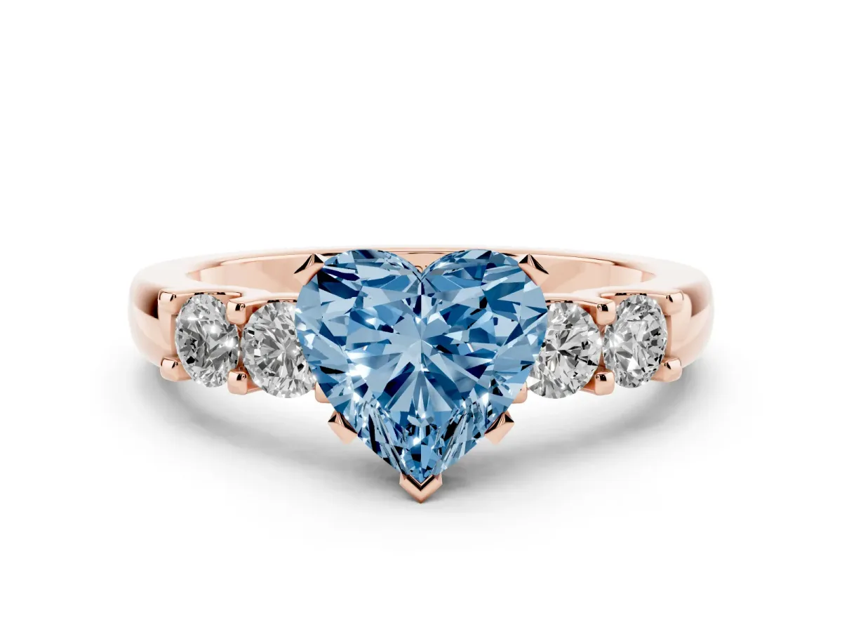 Fancy Blue Heart Cut Diamond Five-Stone Prong Set Engagement Ring Set in Rose gold with Channel Band