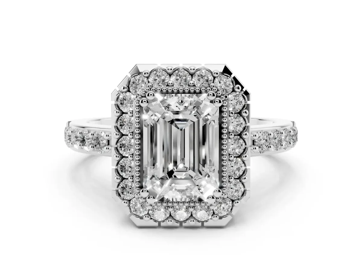 Emerald Cut Diamond Halo Ring Set in Silver with Pavé Shank and Prong Setting