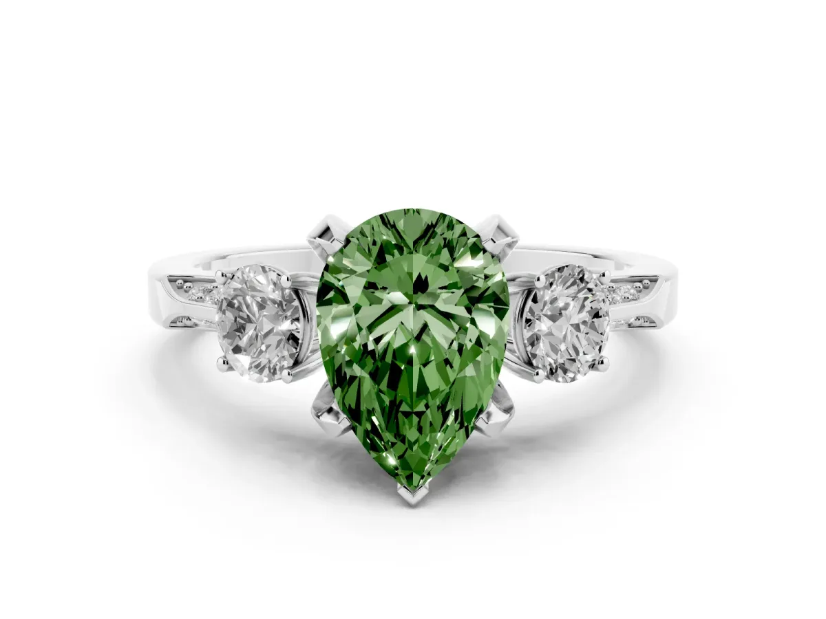 Fancy Green Pear Cut Diamond Three-Stone Ring Set in Platinum with Pavé Band and Smaller Side Stones