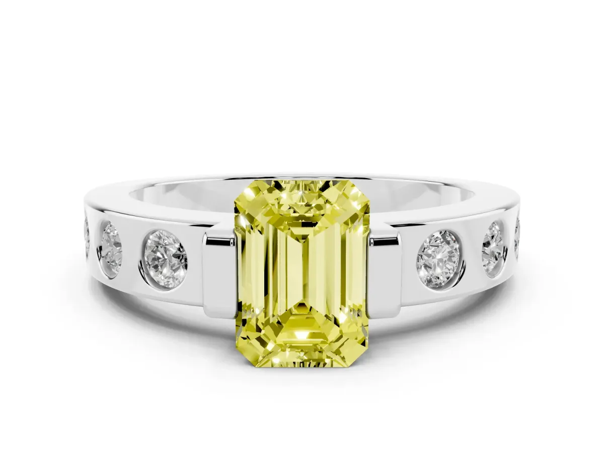 Fancy Yellow Emerald Cut Diamond Channel-Set Band Ring Set in White gold with Bezel Prong Setting