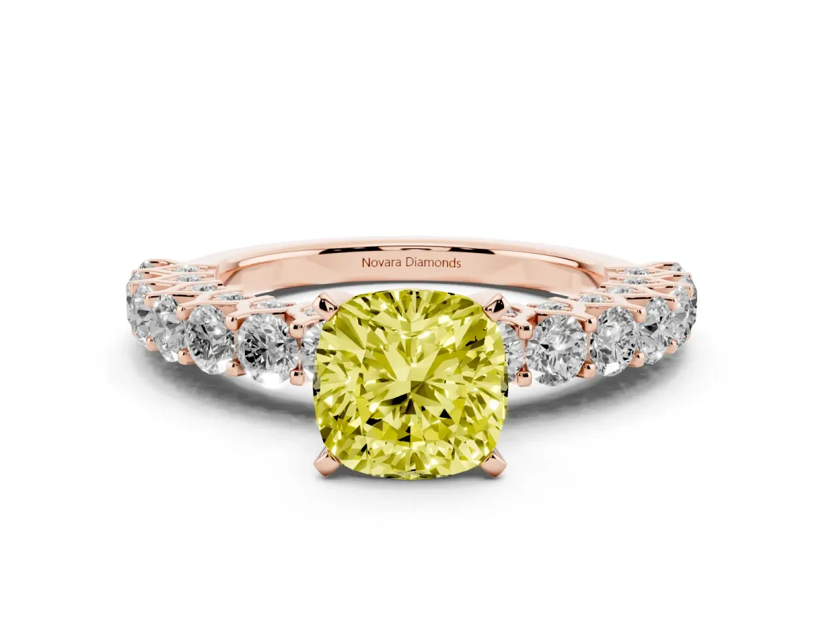 Fancy Yellow Cushion Cut Diamond Solitaire Ring Set in Rose gold with Shared Prong Pavé Band
