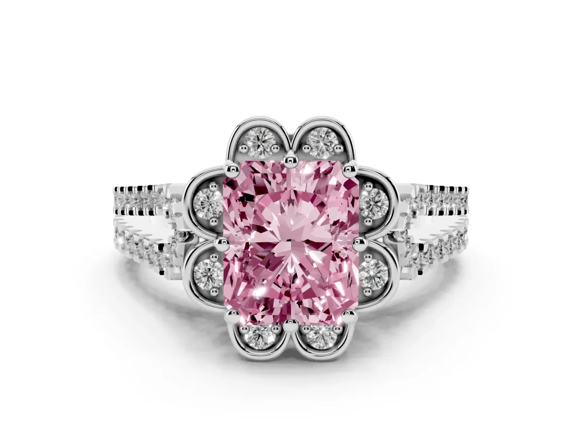 Fancy Pink Radiant Cut Diamond Floral Halo Split Shank Engagement Ring Set in Silver with Pavé Shank