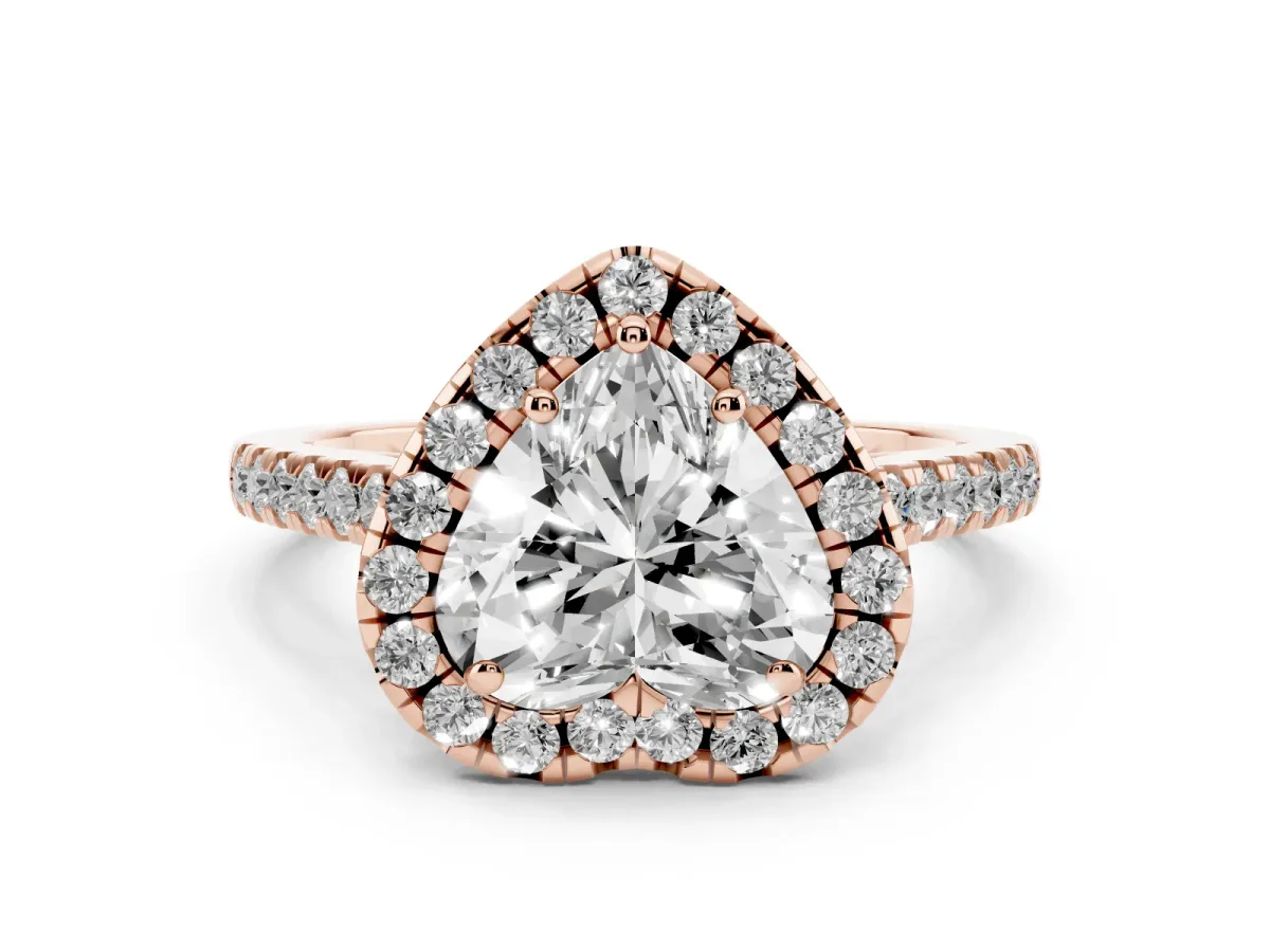 Heart Cut Diamond Pavé Halo Engagement Ring Set in Rose gold with Pavé Band and Prong Setting