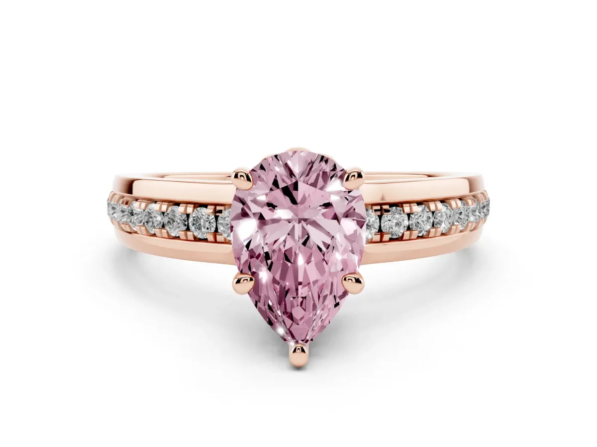 Fancy Pink Pear Cut Diamond Solitaire Ring Set in Rose gold with Channel Set Band and Prong Setting