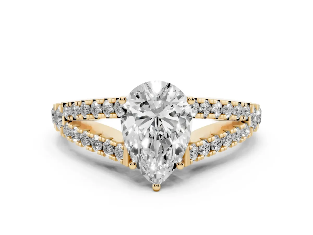 Pear Cut Diamond Split Shank Pavé Engagement Ring Set in Yellow gold with Prong-Held Center Stone