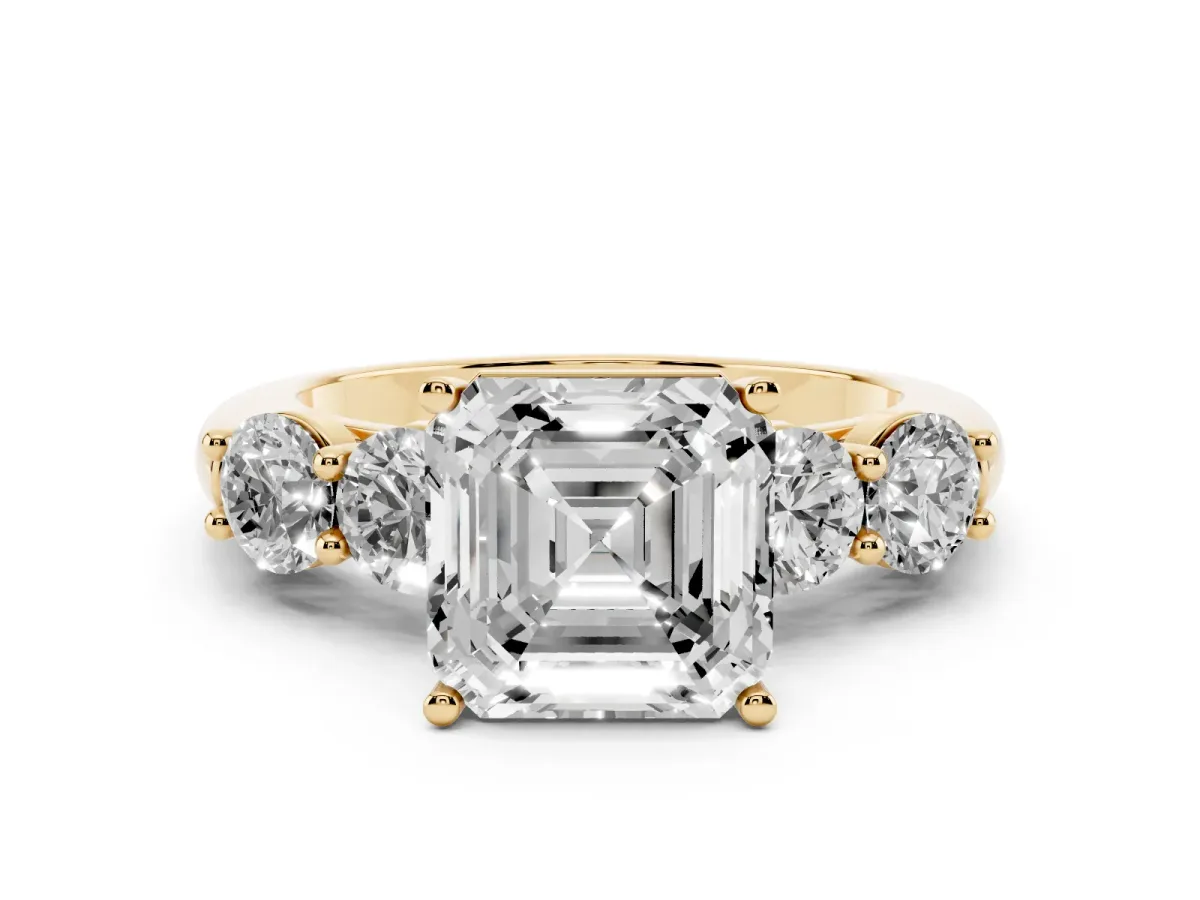 Asscher Cut Diamond Five-Stone Prong Set Ring Set in Yellow gold with Classic Band