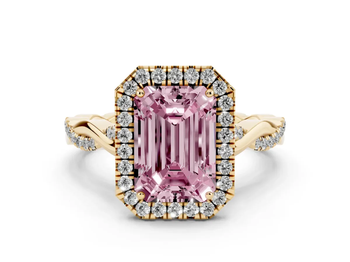 Fancy Pink Emerald Cut Diamond Halo Twist Band Solitaire Ring Set in Yellow gold with Prong Setting