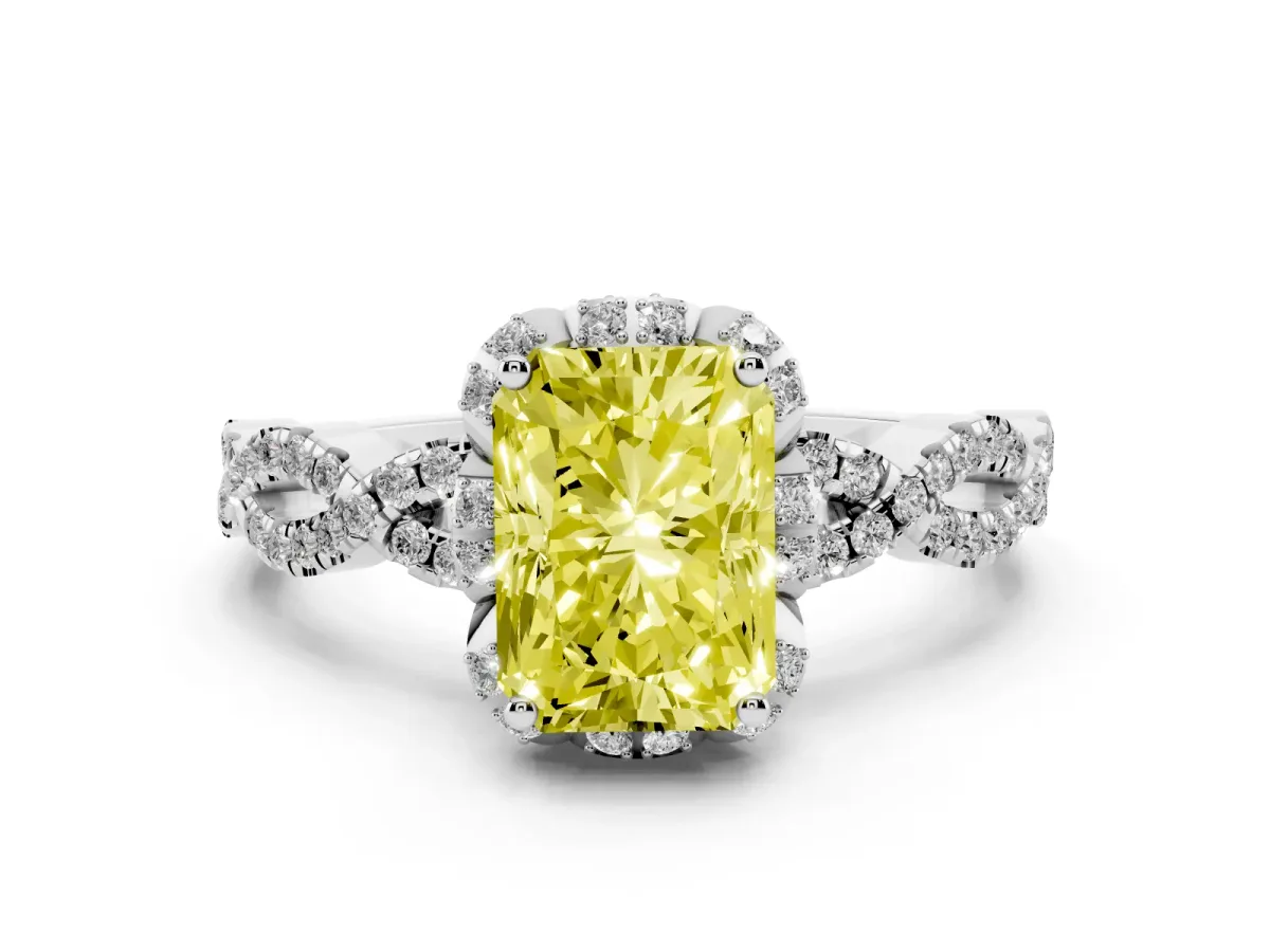 Fancy Yellow Radiant Cut Diamond Halo Twist Band Solitaire Ring Set in Platinum with Prong-Set Center Stone