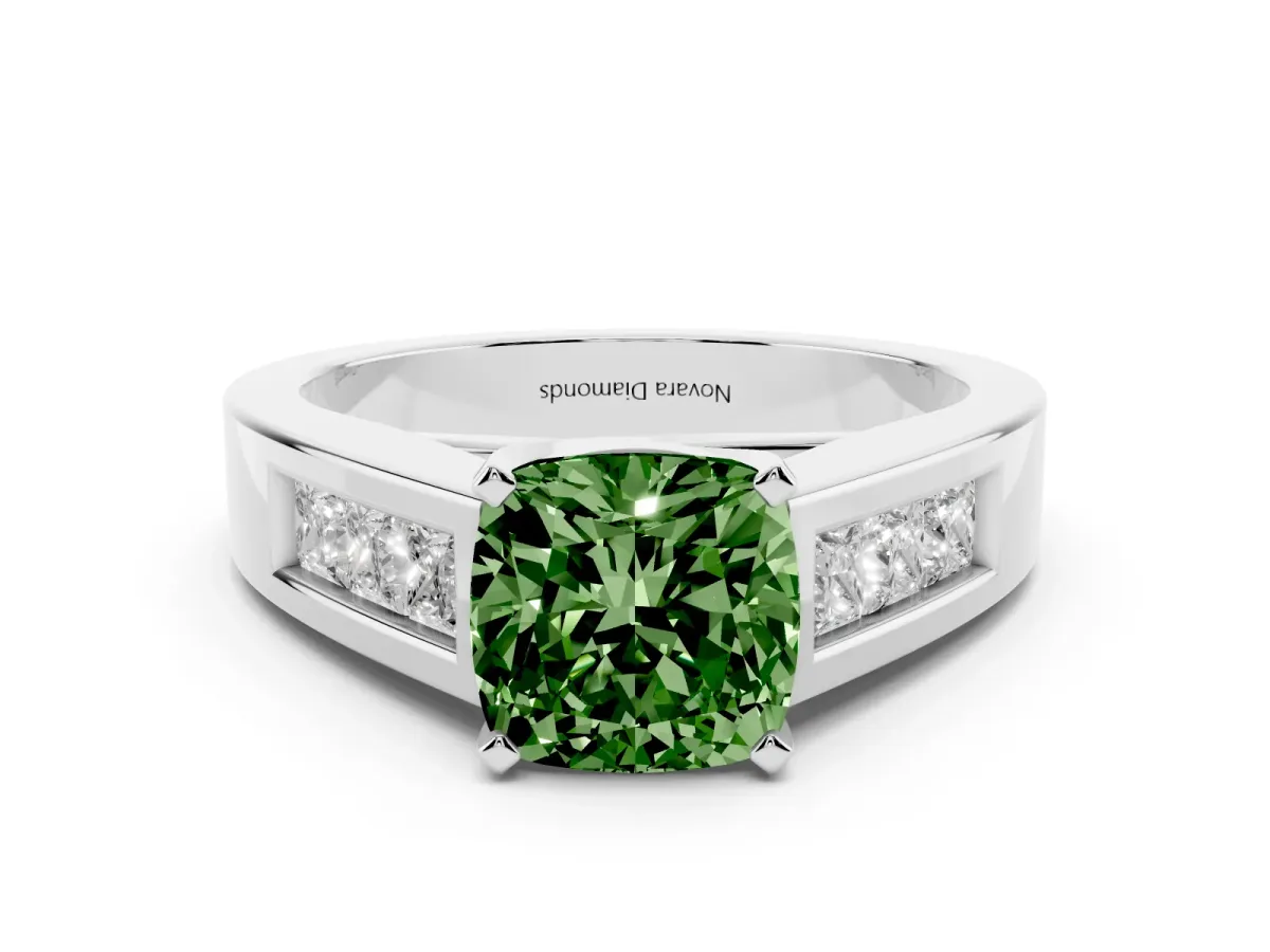 Fancy Green Cushion Cut Diamond Solitaire Ring Set in White gold with Channel-Set Accent Stones and Prong Setting