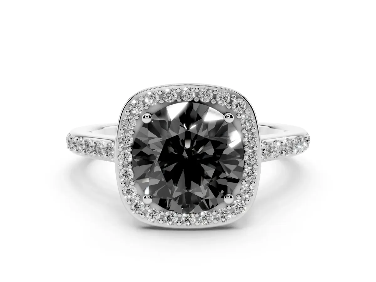 Fancy Black Round Cut Diamond Halo Engagement Ring Set in White gold with Round Pavé Shoulders and Heart Gallery