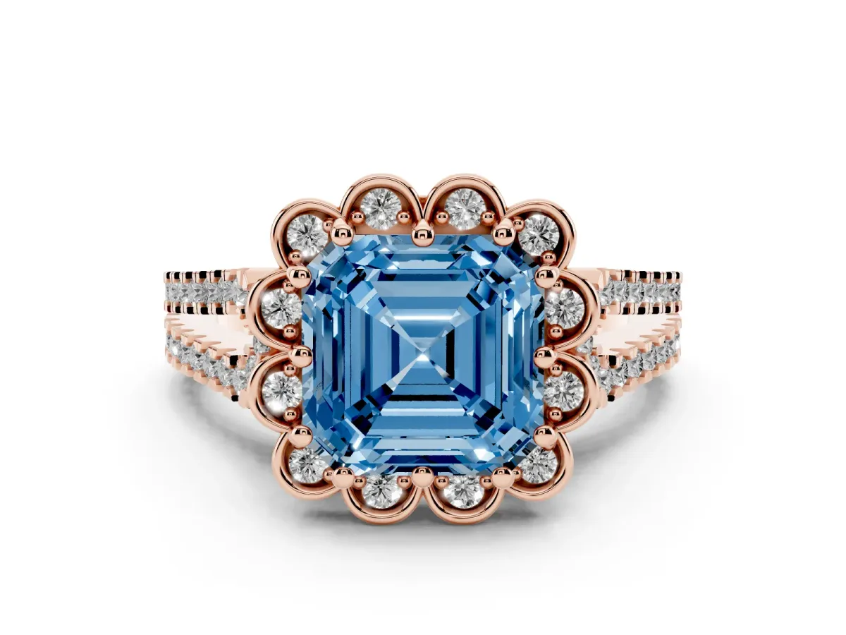 Fancy Blue Asscher Cut Diamond Floral Halo Split Shank Engagement Ring Set in Rose gold with Pavé Shank