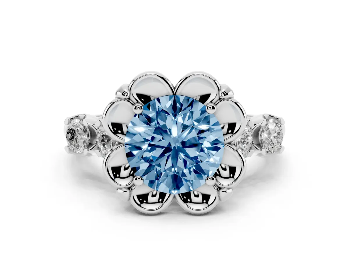 Fancy Blue Round Cut Diamond Floral Halo Ring Set in Silver with Shared Prong Band