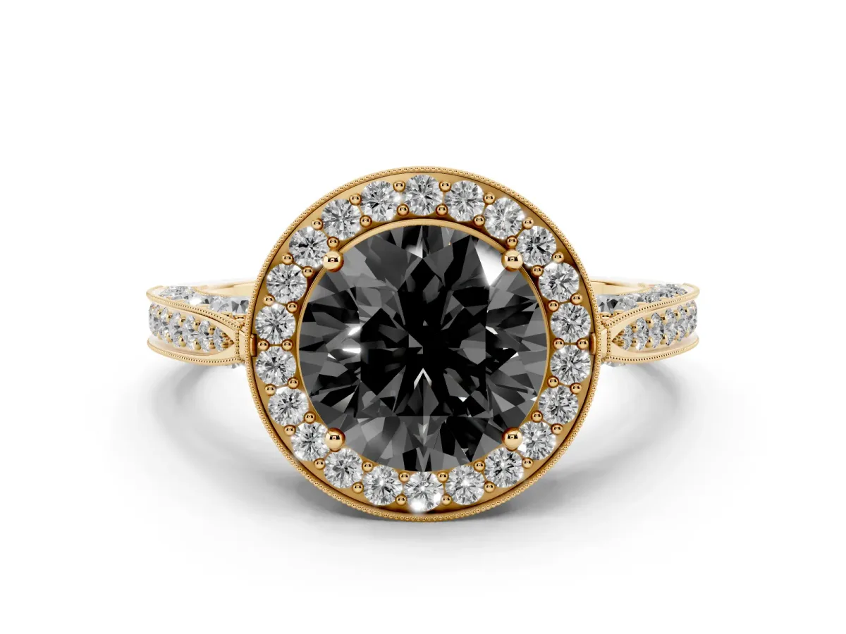 Fancy Black Round Cut Diamond Halo Engagement Ring Set in Yellow gold with Accent Split Shank Band