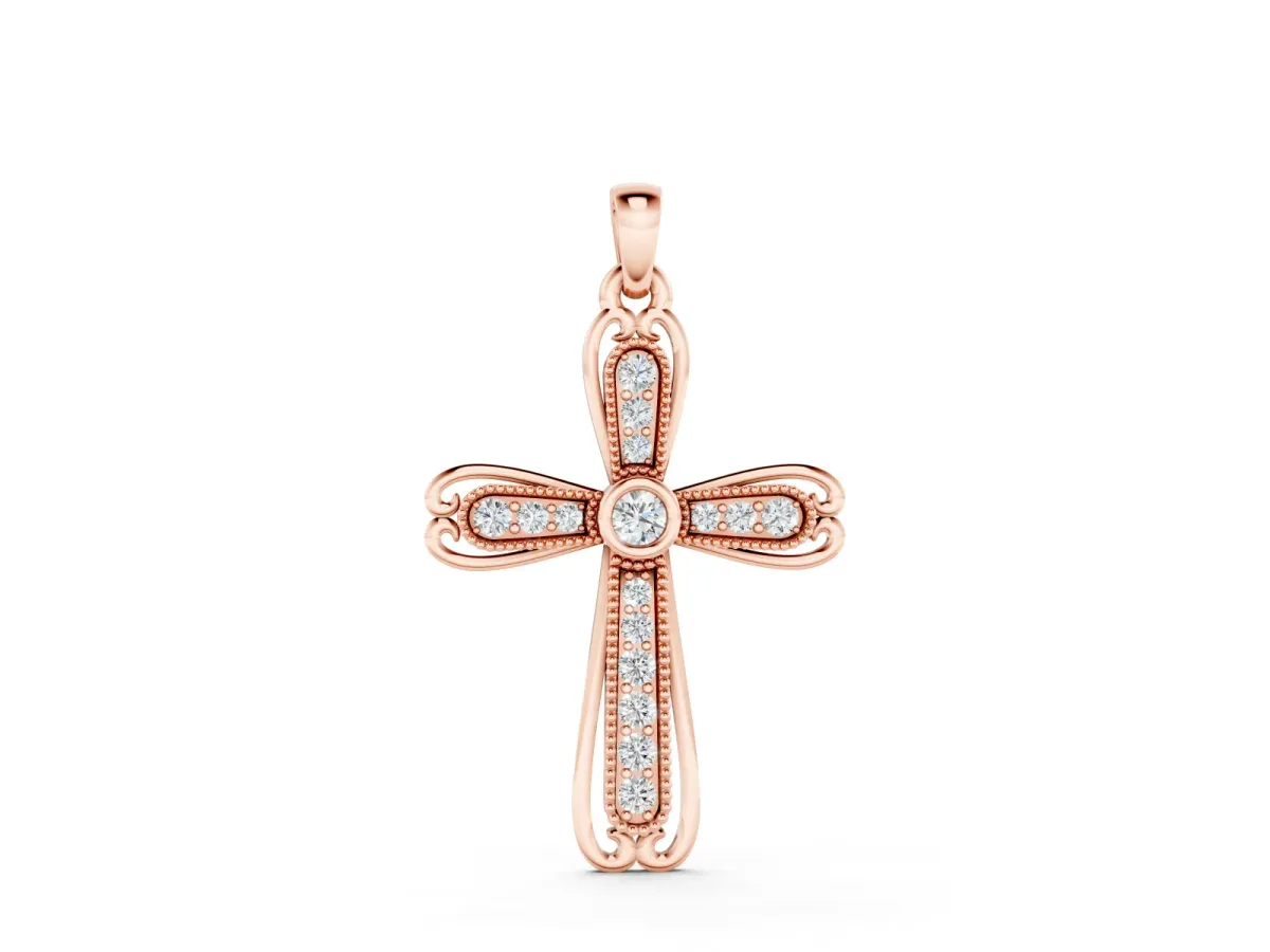 Pavé Round Diamond Cross Pendant Set in Rose gold with Bezel Outline